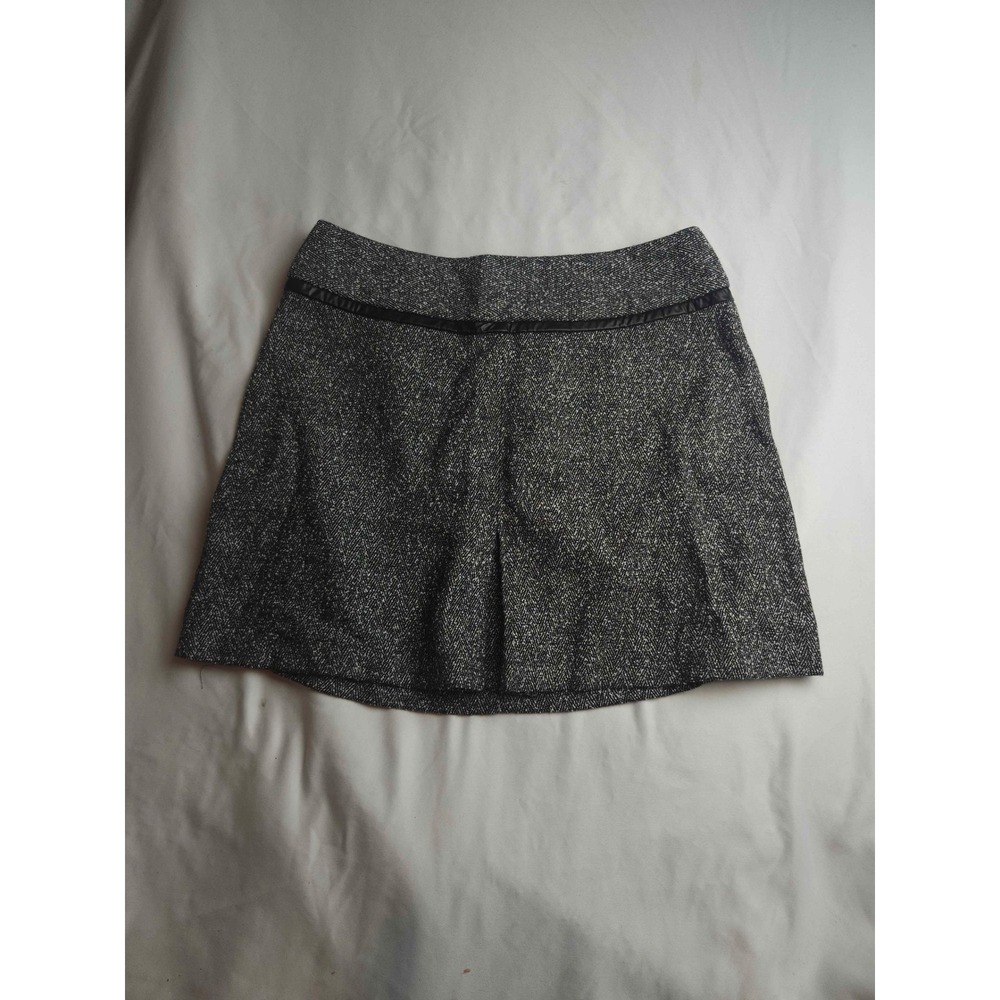 Mandee Grey Herringbone Tweed Mini Skirt Black Faux Leather Trim Size 11/12